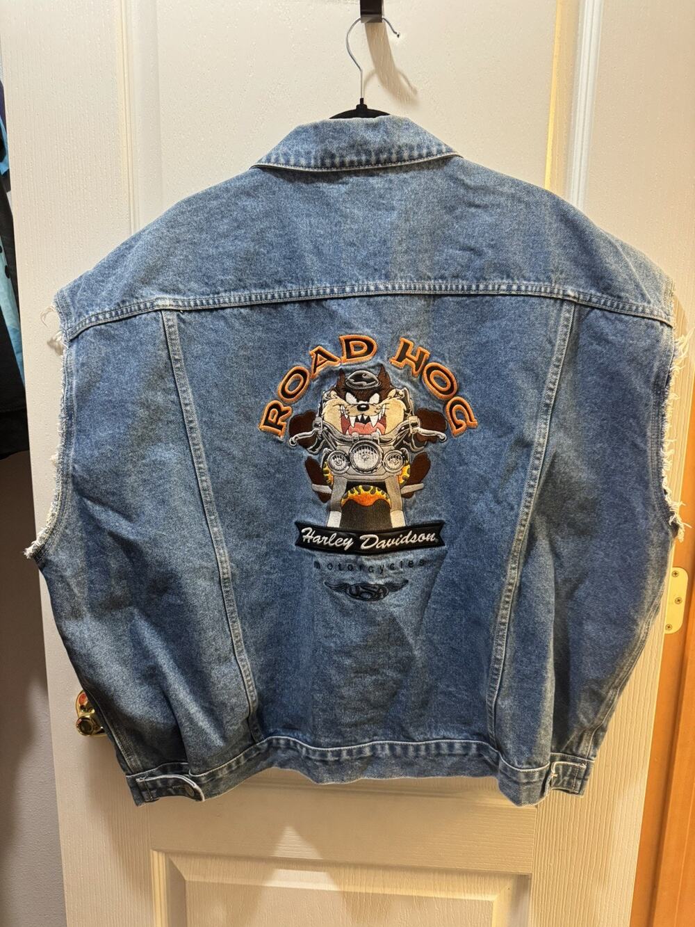 Vintage Harley Davidson TAZ Road Hog Embroidered Denim Vest XXXL Warner Bros
